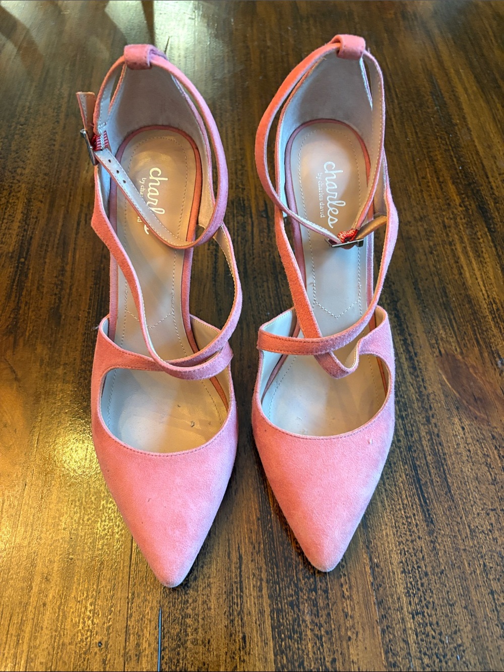 Charles by Charles David Coral Pink Suede Strappy Pointed-Toe Heels - Picture 2 of 7